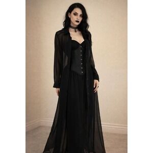 Sheer Black Gothic Longline Shirt XL Witchy Steampunk Duster Vamp Button Down